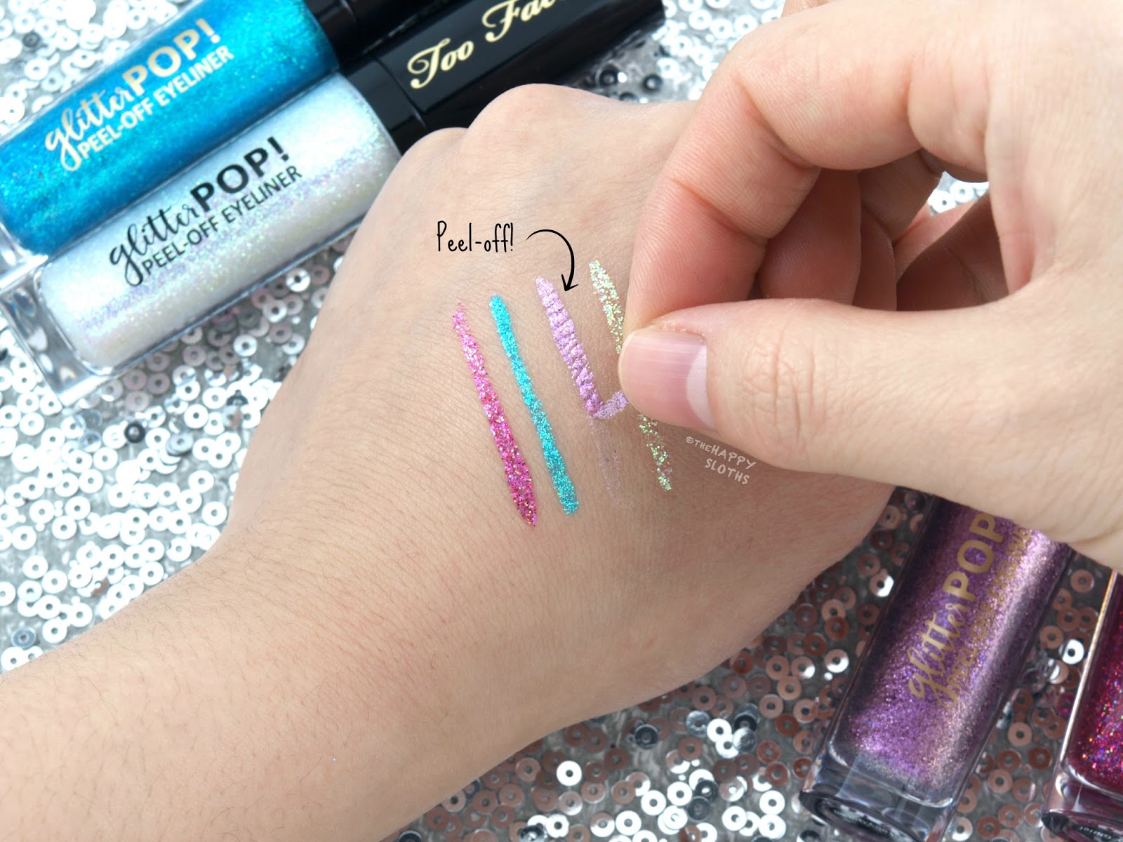 Too Faced Glitter POP! PeelOff Eyeliner Review and Swatches The