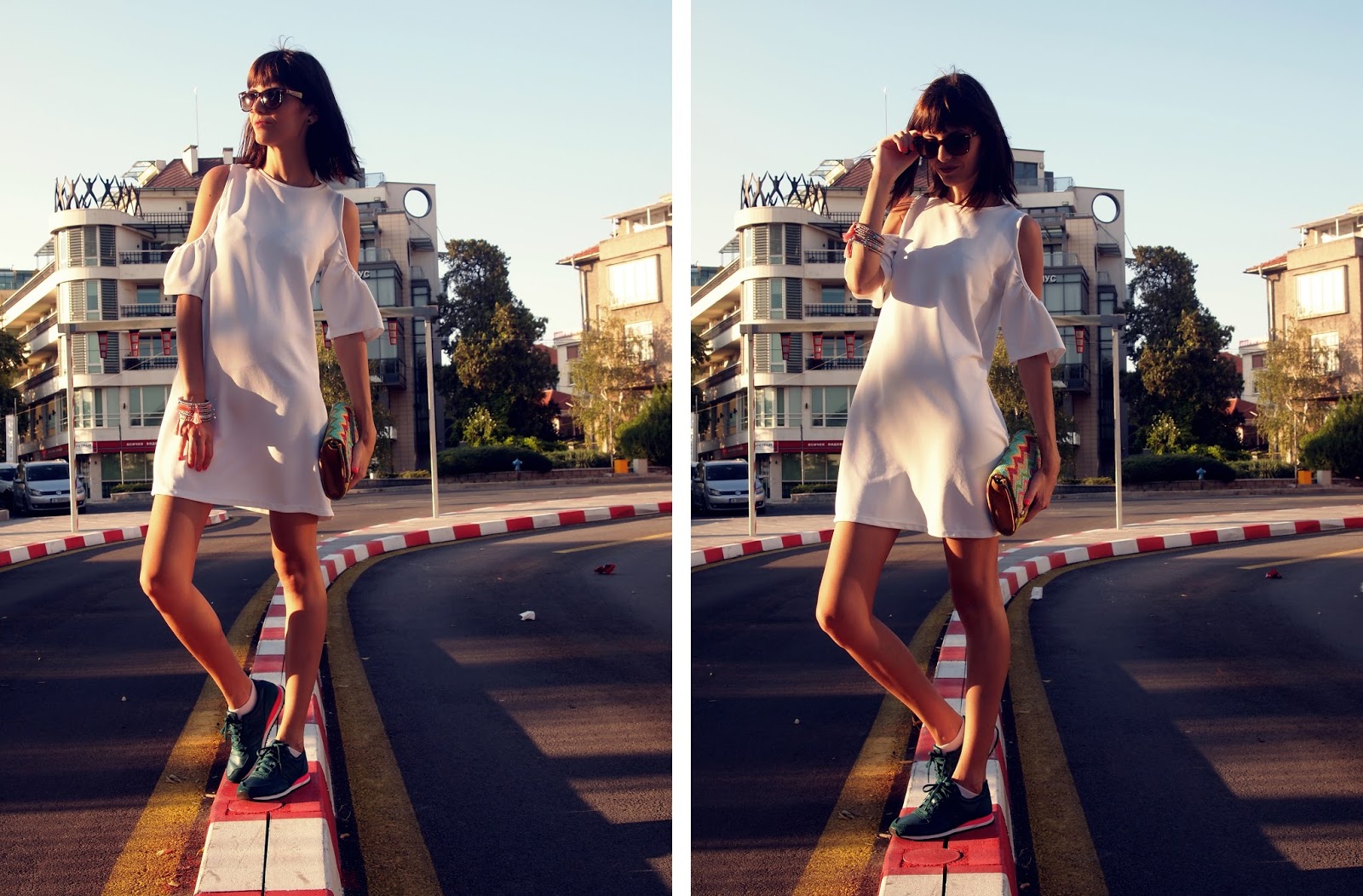 outfit summer white zara off the shoulder dress ss 2016 new balance capsule glam sneakers