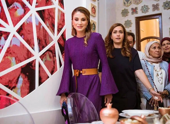 Style of Queen Rania wore Roksanda Ilinčić purple dress, Prabal Gurung bell midi dress, Hillier Bartley midi dress