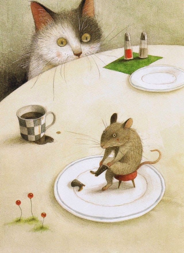 mouse putting on his boots with cat watching illustration by Ayano Imai 