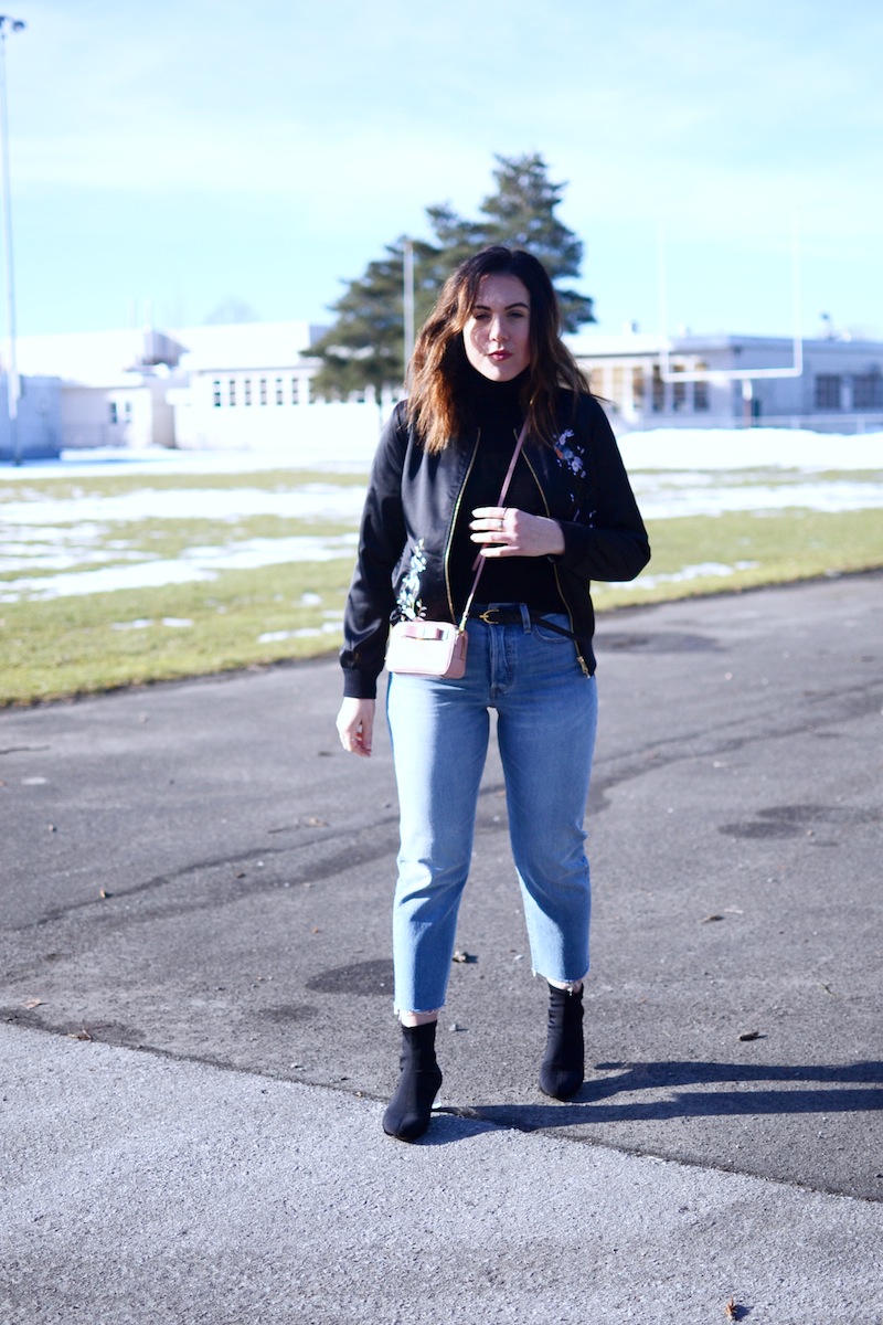 Le Chateau embroidered satin bomber jacket Levi's straight leg wedgie jeans zara sock boots mini Prada camera bag 70s inspired outfit vancouver fashion blogger