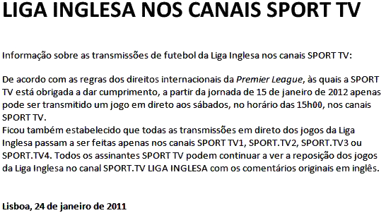 Grelha TV: Sport TV Liga Inglesa fica sem jogos em direto