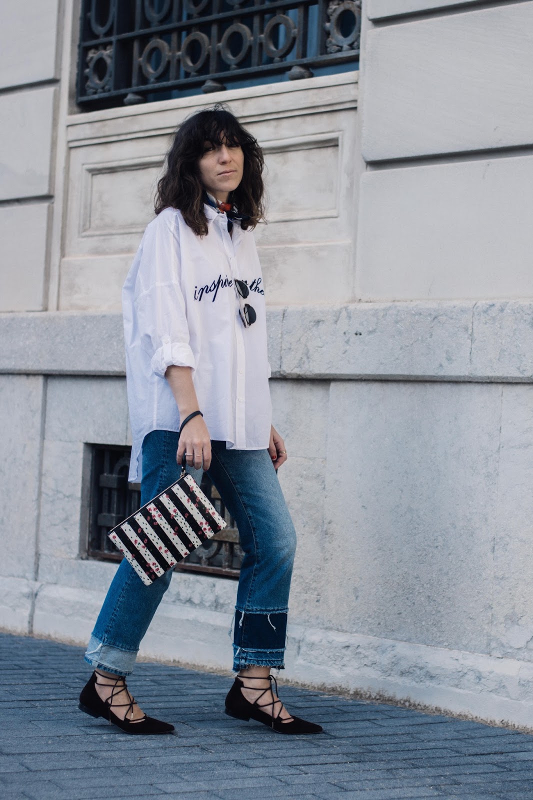camisa Zara, flared jeans, lace up flats & Other Stories