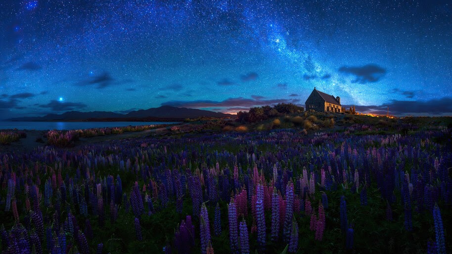 Night, Starry, Sky, Chapel, Scenery, 4K, #6.981