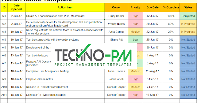 Action Items Template For Excel Project Management Templates
