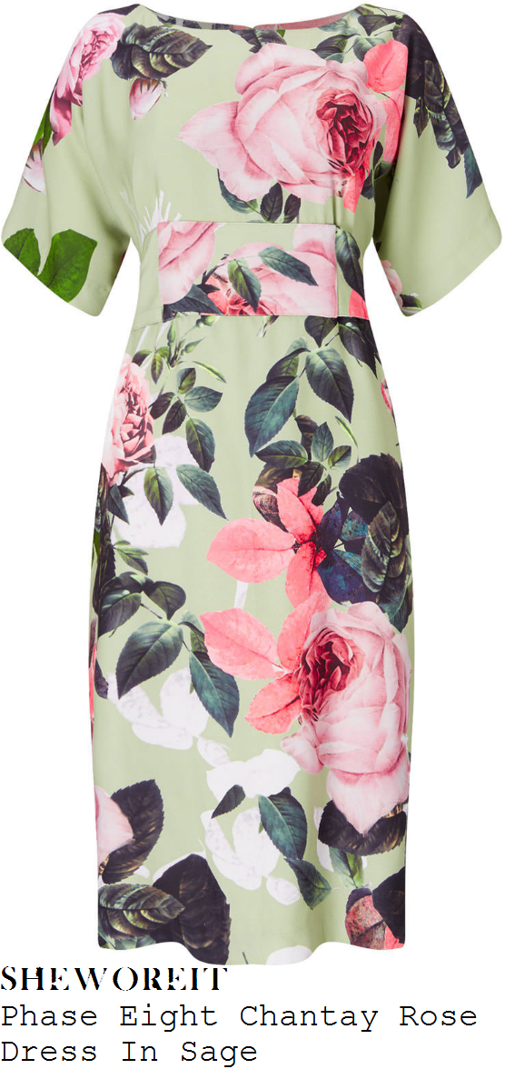susanna-reid-phase-eight-chantay-sage-green-pink-white-oversized-rose-print-kimono-sleeve-tie-waist-shift-dress