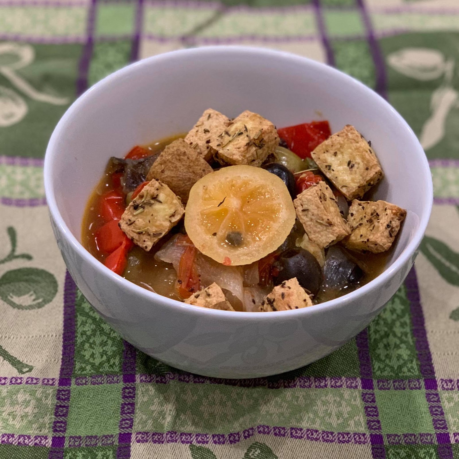 Instant Pot Lemon Rosemary Stew with Airfryer Tofu Croutons