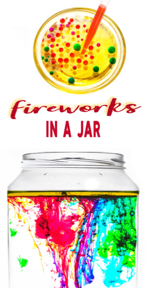Explore liquid densities with this fun & magical experiment for kids!  My girls loved making fireworks in a jar and used this activity for their science fair project, too! #scienceactivities #scienceactivitiesforkids #fireworksinajar #fireworksinabottle #fireworkscraft #scienceexperimentskids #scienceforkids #sciencefairprojectsforelementary #sciencefairprojects