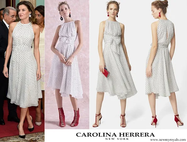 Queen Letizia wore a white and black polka-dot printed frock by Carolina Herrera