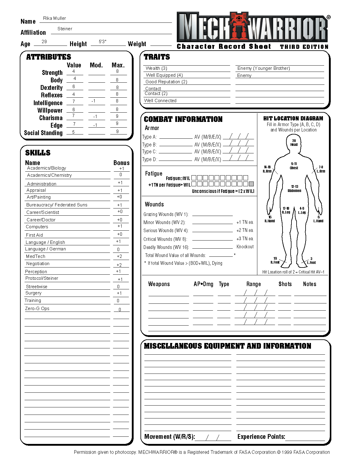 BattleTech Character Sheet