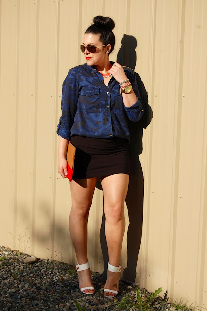 Zara camo blouse, black mini skirt, Topshop necklace, Gap two-tone clutch and Topshop heels.