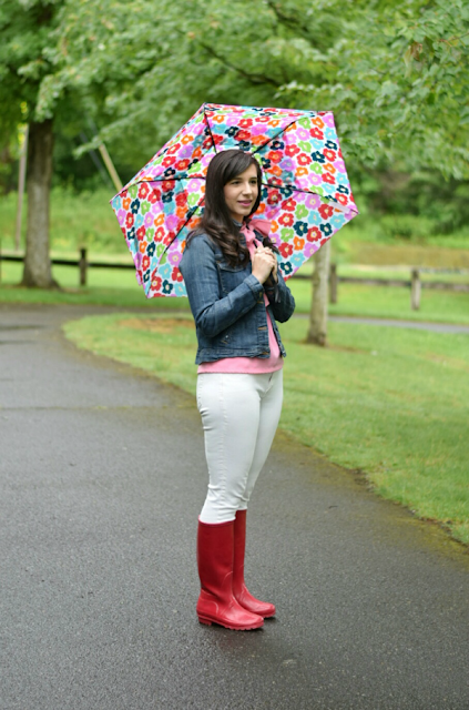 White Skinny Jeans, Red rainboots and denim jacket