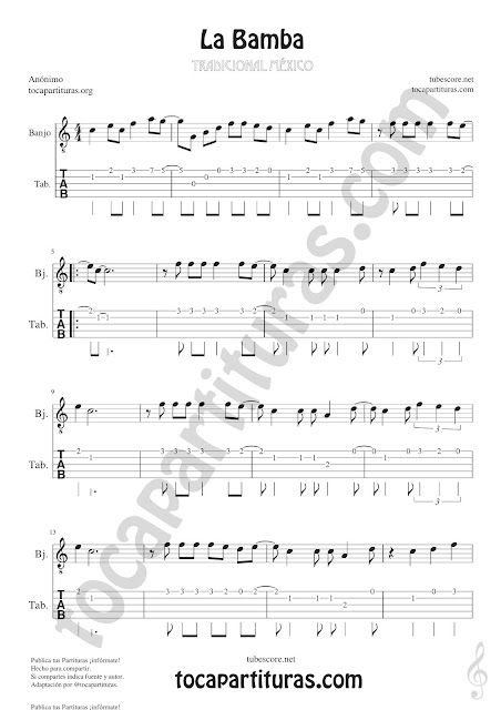 1 Banjo Tablatura y Partitura de La Bamba Punteo Tablature Sheet Music for Banjo Tabs Music Scores