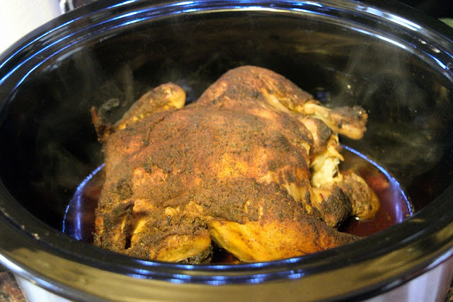 The finished chicken  in the crock pot.  