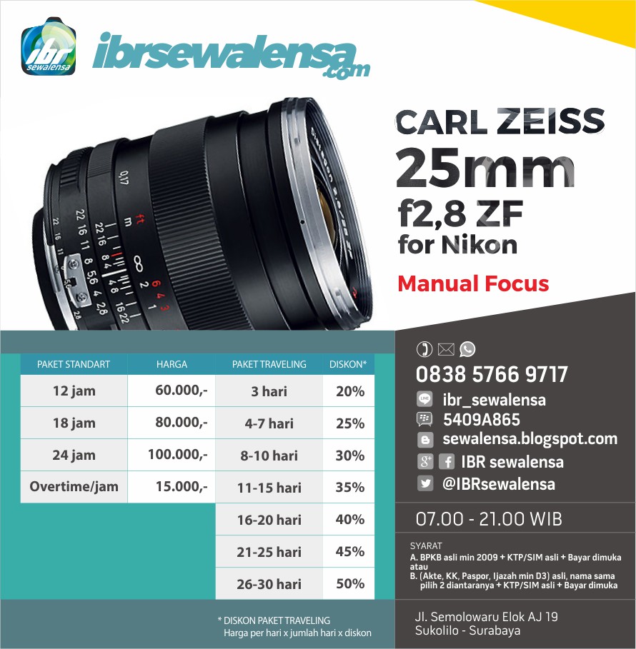 CZ 25. HARGA SEWA RENTAL KAMERA LENSA Carl Zeiss 25mm f2,8 ZF for Nikon (Manual)