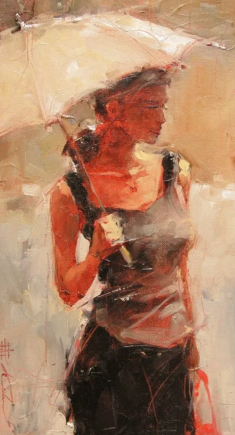 Andre Kohn 1972 | Russian-born Figurative Impressionist painter | White umbrellas