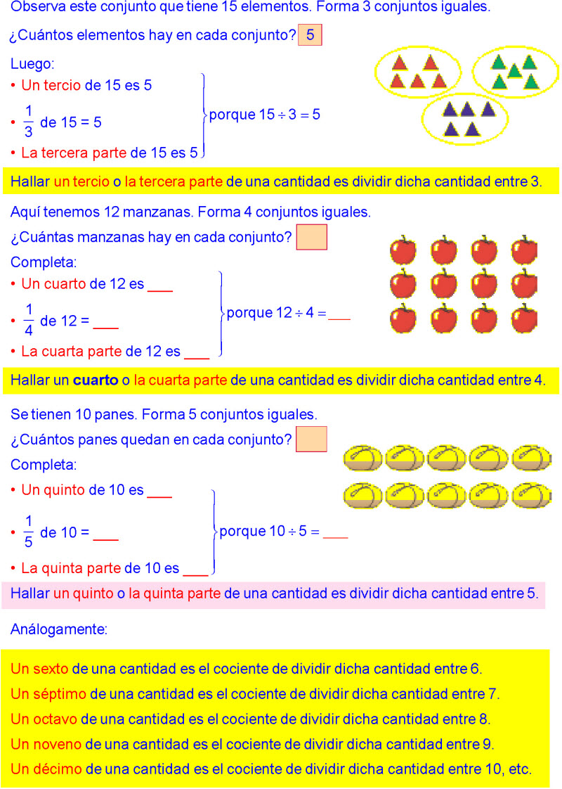 UN MEDIO UN TERCIO UN CUARTO UN QUINTO EN PRIMARIA EJEMPLOS DE MATEMATICAS