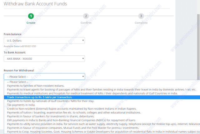 Selecting withdrawal reason on Payza India as per RBI rules