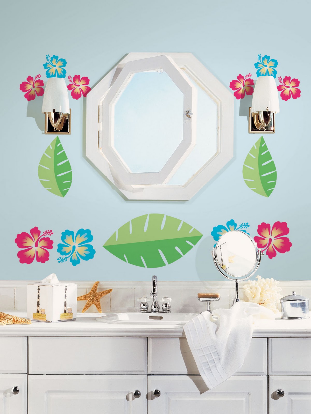 bathroom ideas rustic girls-bathroom-idea-bath-hawaiian-flower-blue-colorful-flowery-decal 