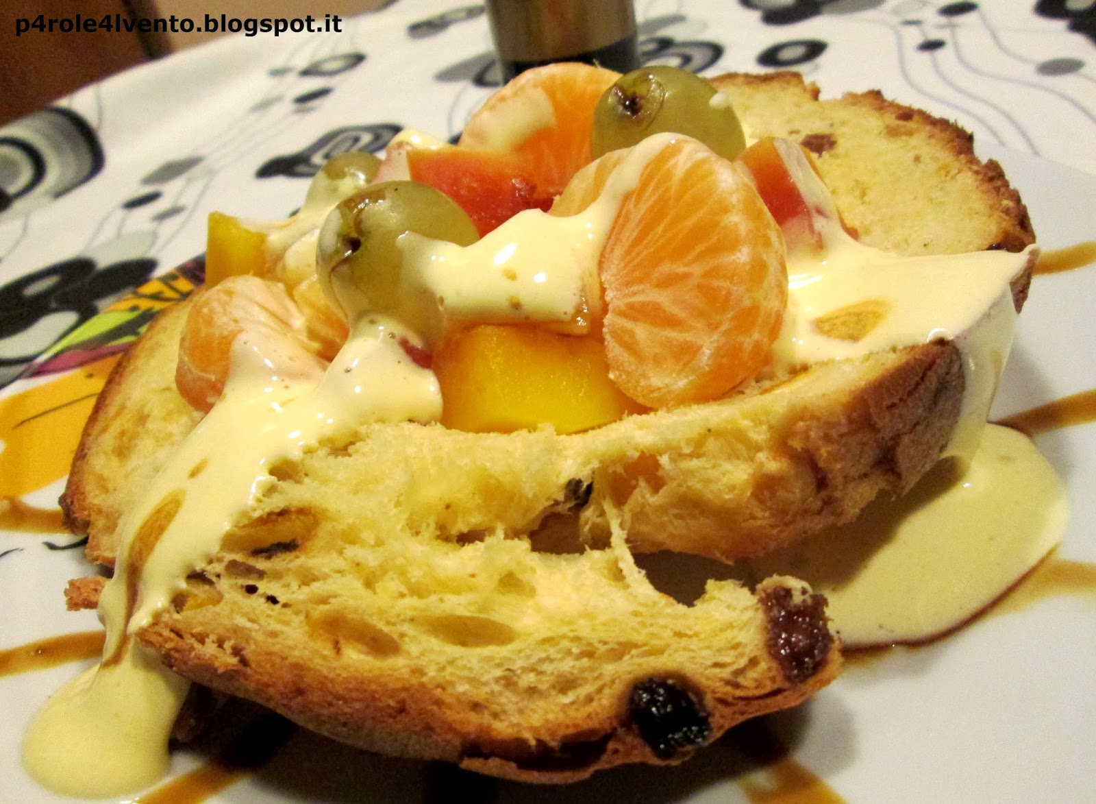 barchetta di panettone con zabaione balsamico guerzoni e frutta esotica