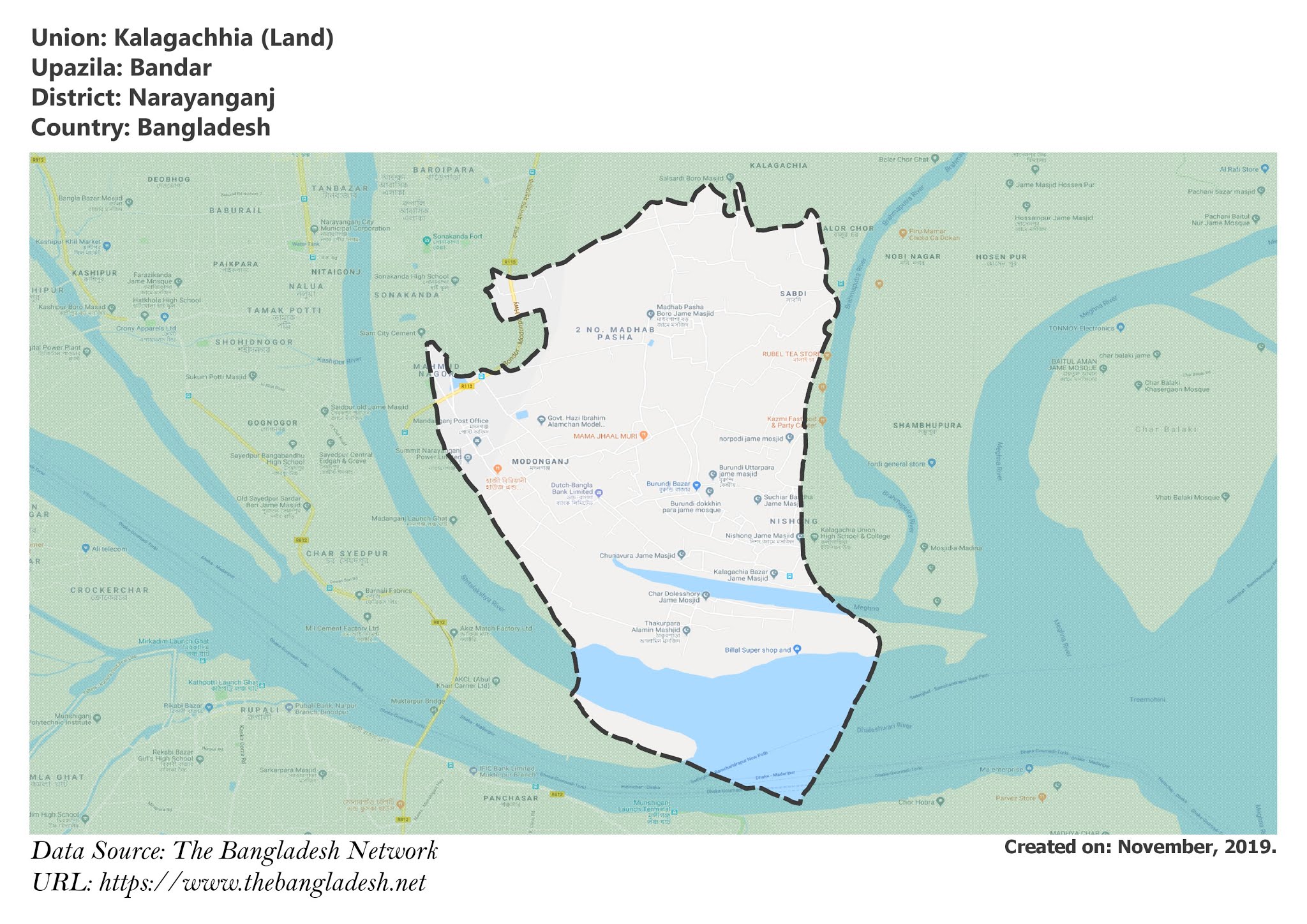Map of Kalagachia of Bandar Upazila Map of Kalagachia of Narayanganj, Bangladesh.