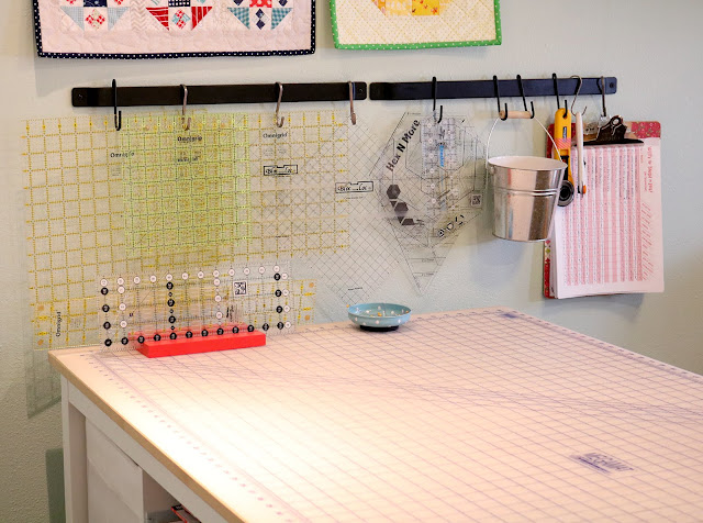 Sewing Room organization tips for storing tools and quilting rulers from A Bright Corner