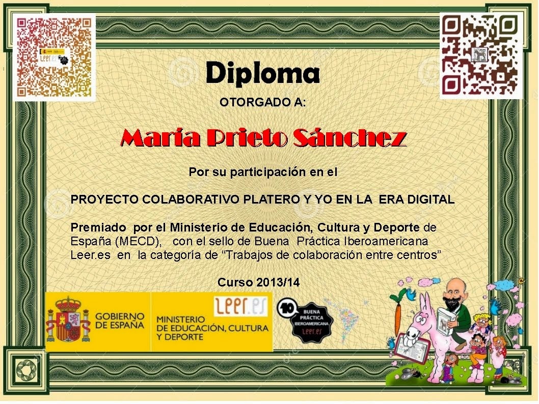 Diploma de participación en el Proyecto Colaborativo"Platero y yo en la era digital"