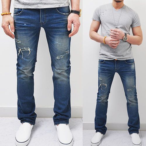 Refreshing Blue Worn-out Slim Jeans-Jeans 51 | Fast Fashion Mens ...