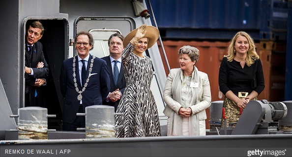 Dutch Queen Maxima, Mayor of 's-Hertogenbosch Ton Rombouts and Infrastructure and Environment Minister Melanie Schultz van Haegen ride a boat during the opening of the Maxima Channel in Rosmalen