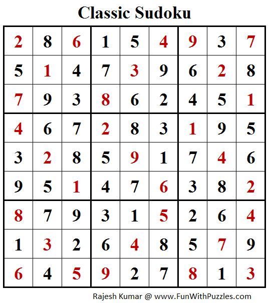 Classic Sudoku (Fun With Sudoku #162) Solution