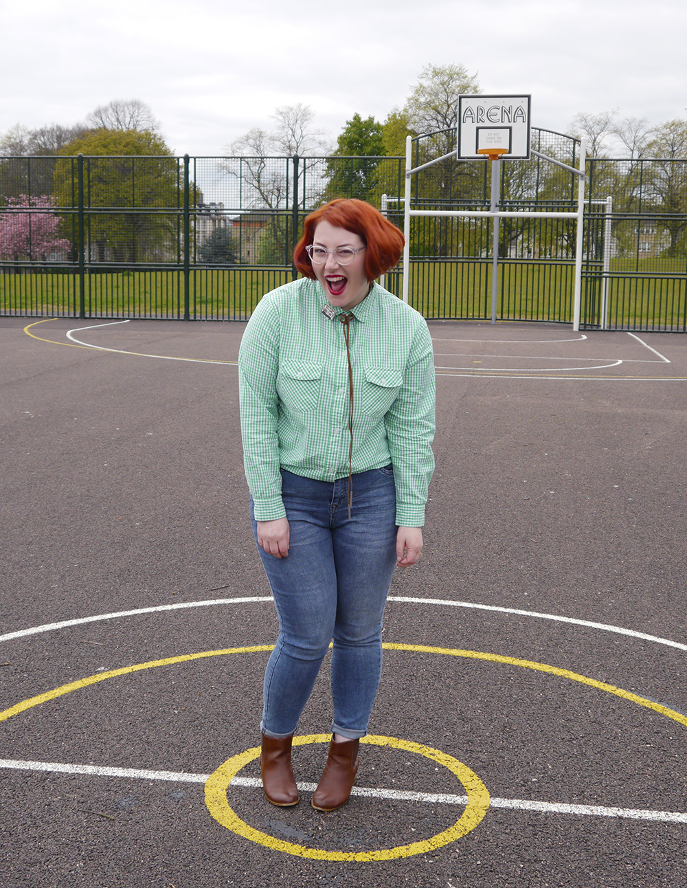 Napoleon Dynamite Style Unlikely Style Icon, blog birthday, Wardrobe Conversations, Scottish bloggers, Scottish fashoin bloggers, Dundee bloggers, Pedro Sanchez, Vote for Pedro, Napoleon Dynamite style, Napoleon Dynamite costume, easy costume idea, film costume, movies costume idea, charity shop find, checked shirt, green gingham shirt, little lies boho necklace, cassestte brooch, cowgirl style, western style, simple wild west outfit, new look jeans, zara brown boots, bad hair day, #seewithiolla, iolla glasses, Iolla clear Bell frames