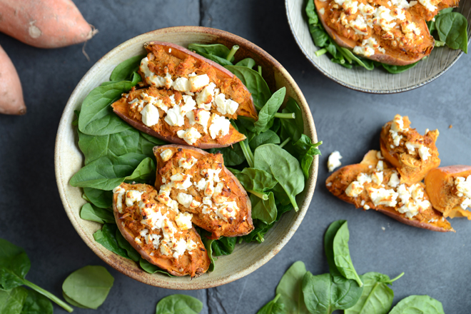 Waffle & Whisk: 10 Minute Jacket Sweet Potatoes with Curried Tuna and Feta