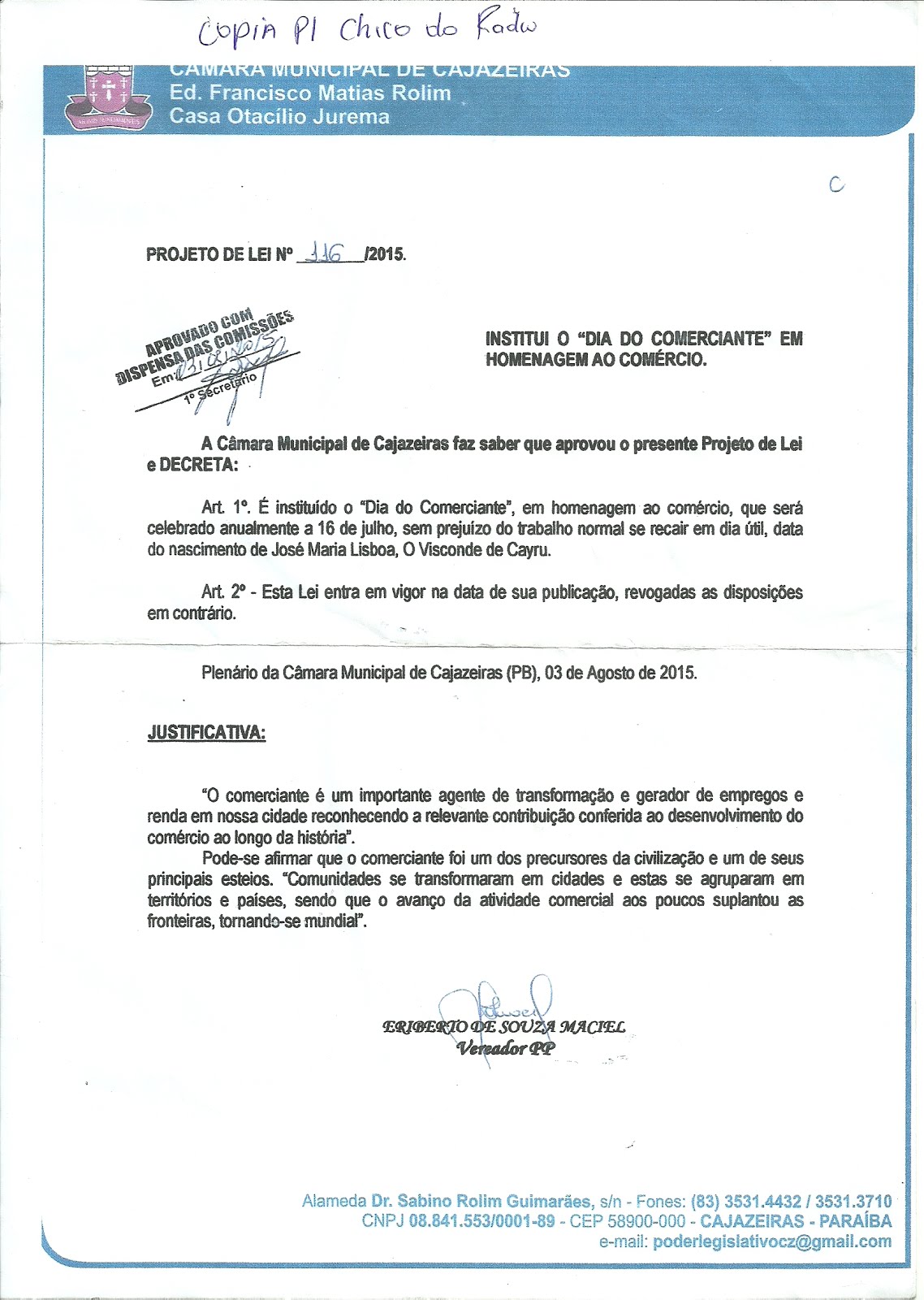 PAPAI NOEL AGRADECE A CAMARA MUNICIPAL DE CAJAZEIRAS PB  A CRIAÇÃO OFICIAL AO DIA DO COMERCIANTE