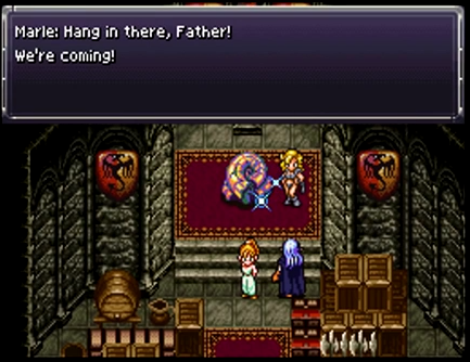 Marle discovers the Rainbow Shell in the basement of Guardian Castle in 1000 AD, exposing a plot to overthrow her father