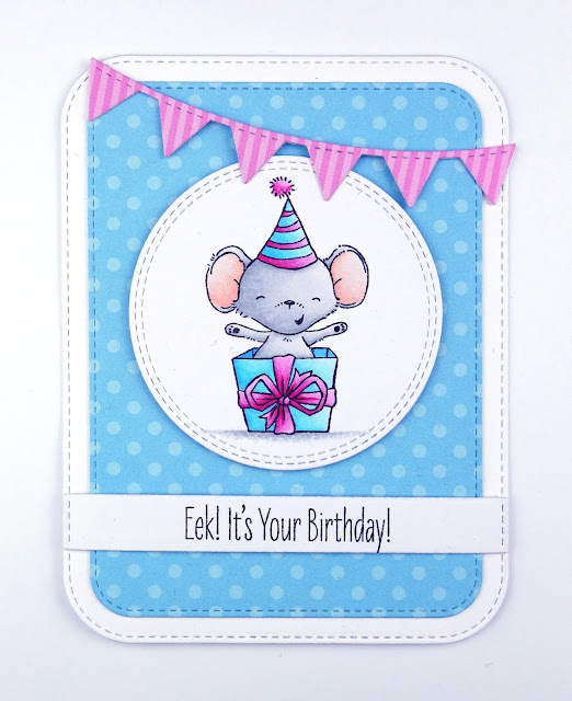 Birthday card with cute mouse in a present box and bunting (stamps are It's a Mice Time to Celebrate by MFT)