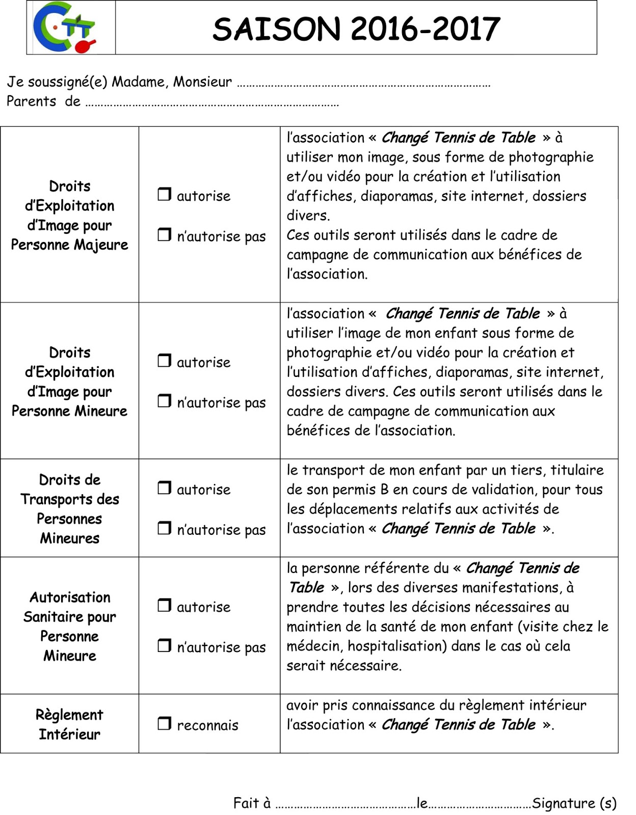 Tennis de Table Changé 72: inscriptions 2017