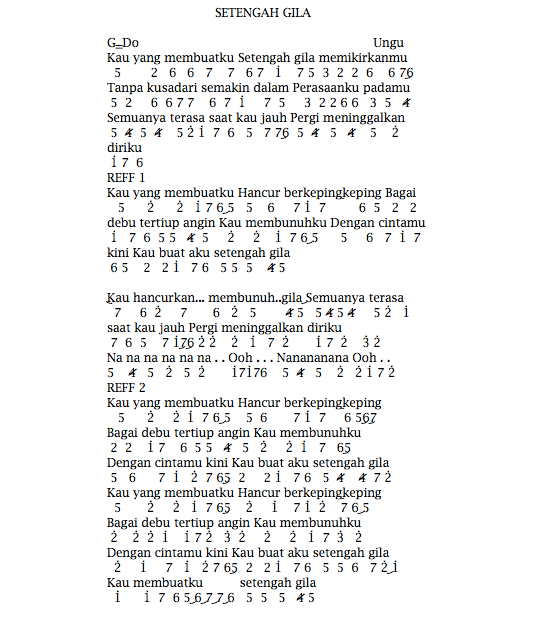 Not Angka Lagu Ungu Setengah Gila Pianika Recorder Keyboard Suling Chord Piano