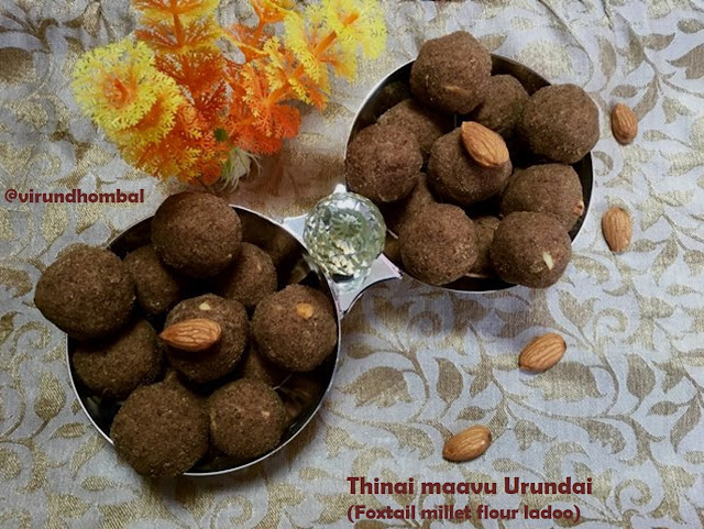 Thinai Maavu Urundai, Foxtail Millet flour Ladoo, Millet recipes, Millet based sweets - Foxtail millet flour ladoo - millet based desserts are easy to prepare and loaded with health benefits. These ladoos give energy to the body for a longer time.Foxtail millet flour recipes - Thinai maavu recipes, Sirudaniya Unavugal