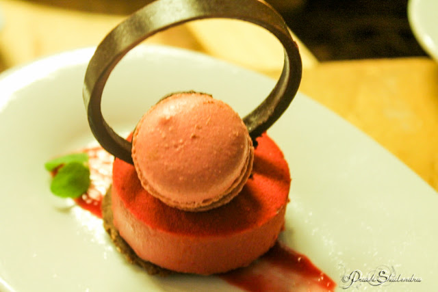Delicious Vegetarian Gourmet Recipe Raspberry Custard with cocoa biscuit and macaroon