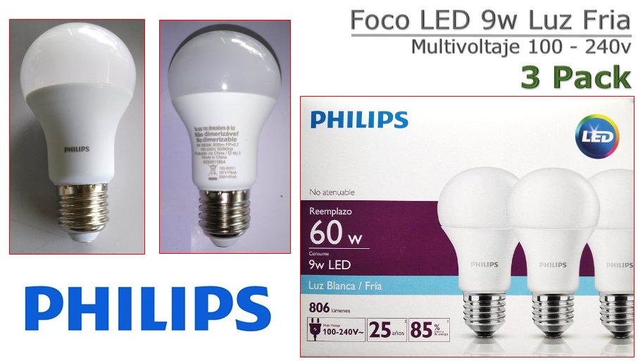 Foco LED 9w Philips 3 Pack Multivoltaje 110240v Luz Fría 92lm/W