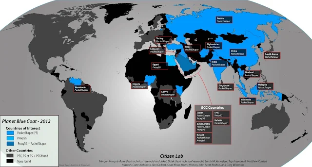  Map of BlueCoat worldwide deployments in countries of interest. Basemap: Wikimedia Commons, Creative Commons License / Graphics: John Scott-Railton & Greg Wiseman