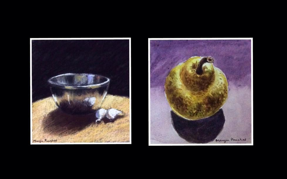 Two still life paintings in pastel and water colour by Manju Panchal