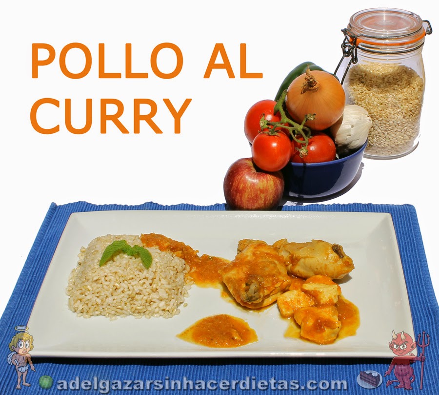 Receta saludable fácil de Pollo al curry (plato típico hindú) bajo en calorías, apto para diabéticos y bajo en colesterol.