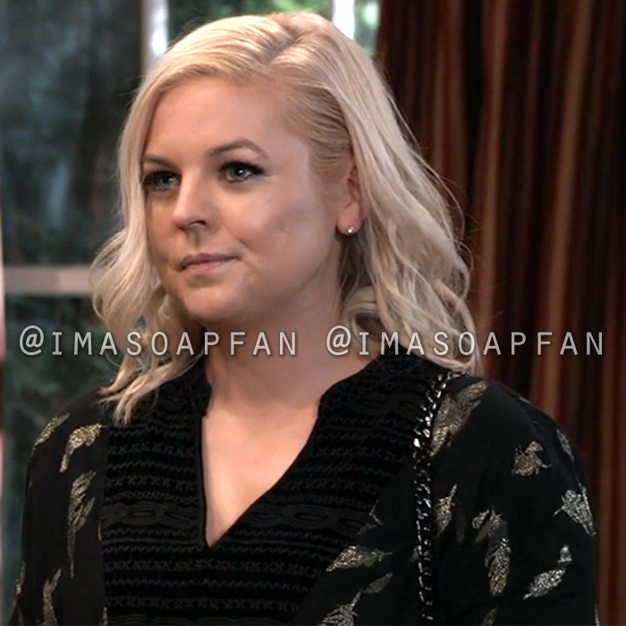 Maxie Jones, Kirsten Storms, Black and Gold Feather Print Bell Sleeve Blouse, General Hospital, GH