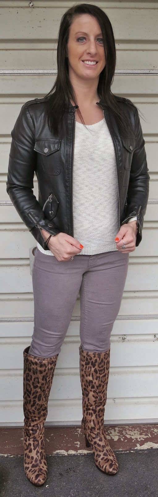leopard boots, leather jacket, grey jeans, fashion, outfit