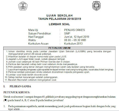 Soal Dan Kunci Balasan Usbn Smp Penjas Orkes Kurikulum 2013 Tahun Pelajaran 2018 2019