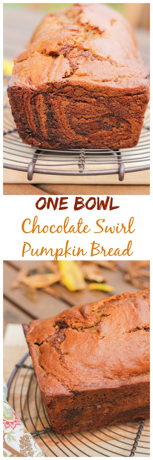 This easy recipe for One Bowl Chocolate Swirl Pumpkin Bread is filled with warm Fall spices and pumpkin flavor, plus a surprise swirl of milk chocolate!