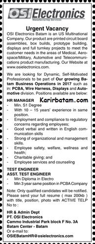 Lowongan Kerja Pt Osi Electronics Lowongan Kerja Batam 2021