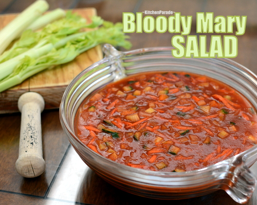 Bloody Mary Salad ♥ KitchenParade.com, a vegetable-packed jello salad, perfect for potlucks, dieters and healthy eaters. Low Carb. Weight Watchers Friendly.