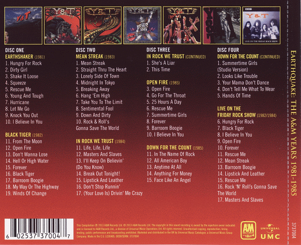 Y&T - Earthquake The A&M Years 81-85 back cover